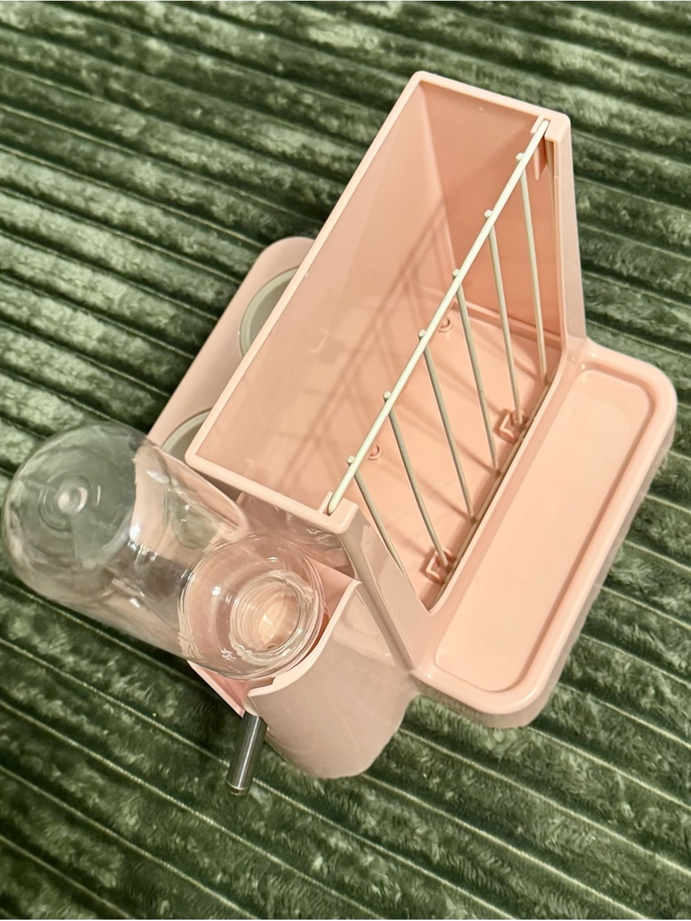 Pink Multi-Compartment Rabbit Feeder with Water Bottle